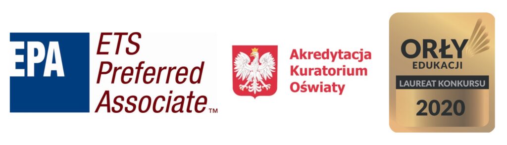 Logotypy ETS Preferred Associate, Akredytacji Kuratorium Oświaty oraz Orły Edukacji 2020