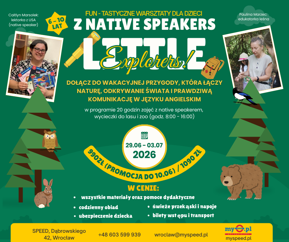 Plakat reklamujący warsztaty języka angielskiego z native speakerem dla dzieci na przełomie lipca i sierpnia 2026 roku